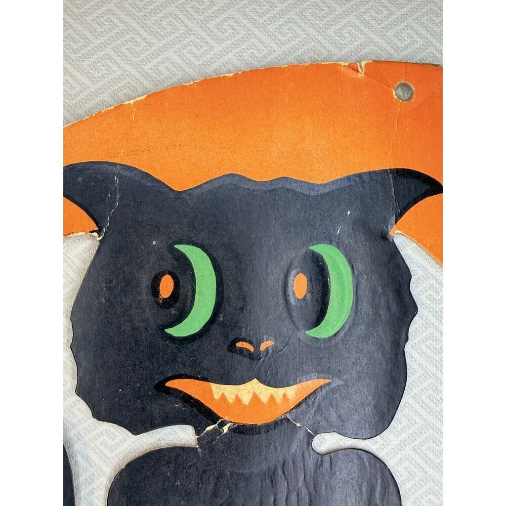 Vintage 1940s H.E. Luhrs Halloween Black Cat on Crescent Moon Wall Decor Die Cut